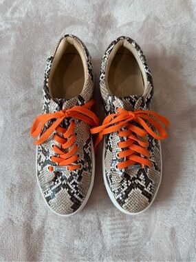 J Slides Snake Print Sneakers with Bright Orange Laces size 7.5